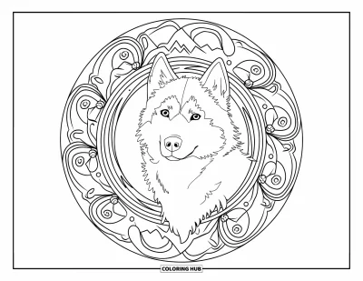 Coloriage de husky pour adultes : Un husky la tête levée se tient dans un mandala de spirales et de motifs montagneux