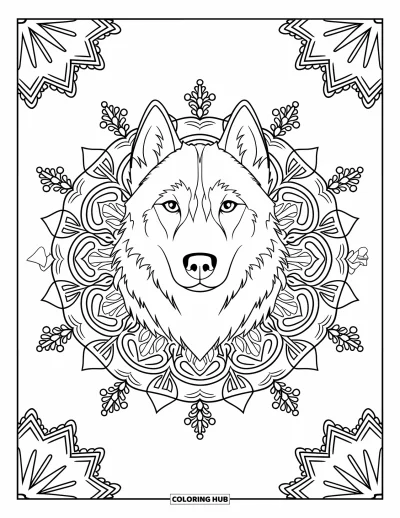 Coloriage de husky pour adultes : Un husky aux oreilles dressées se repose au centre d'un mandala inspiré des flocons de neige et des aurores boréales