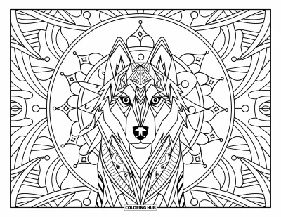 Coloriage de husky pour adultes : Un husky au regard vif est allongé au centre d'un mandala aux thèmes naturels
