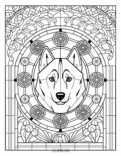 Coloriage de husky pour adultes : Le visage d'un husky apparaît dans un vitrail orné de flocons de neige et de motifs floraux