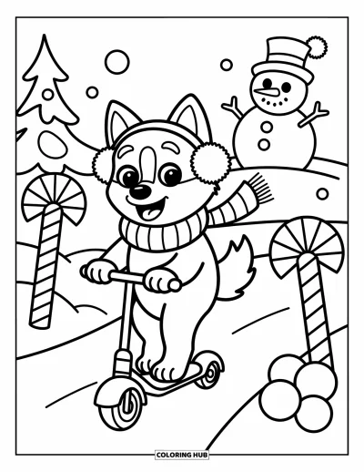 Coloriage de husky pour adultes : Un husky joyeux en écharpe et cache-oreilles roule en trottinette près de boules de neige et de panneaux avec un bonhomme de neige riant