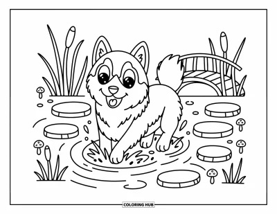 Coloriage de husky pour adultes : Un husky joyeux barbote dans un ruisseau avec des yeux expressifs, des pierres de gué et de petits champignons