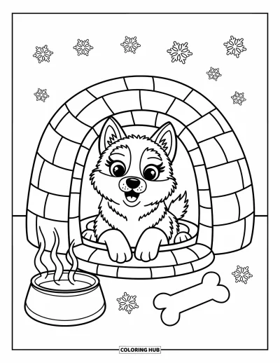 Coloriage de husky pour adultes : Un husky kawaii passe la tête hors d'un igloo avec des petits aliments rigolos et de la neige qui tombe
