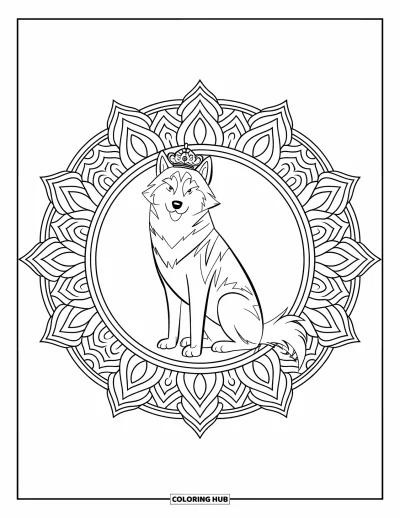 Coloriage de husky pour adultes : Un husky majestueux portant une couronne est assis tranquillement au centre d'un mandala circulaire