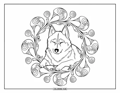 Coloriage de husky pour adultes : Un husky détendu est allongé dans un mandala de boucles, de spirales et d'éléments montagnards