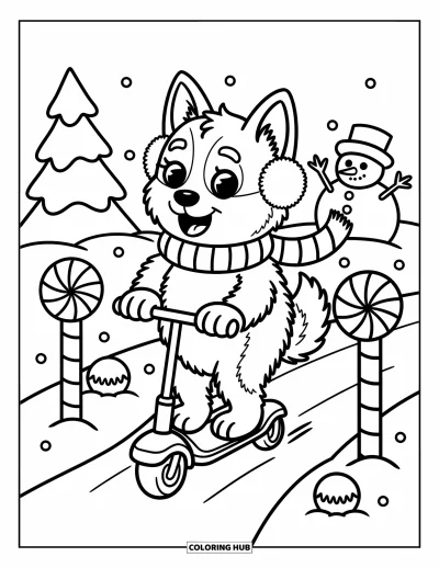 Coloriage de husky pour adultes : Un husky écharpe autour du cou en trottinette passe devant des panneaux sucrés, des boules de neige et un bonhomme de neige souriant