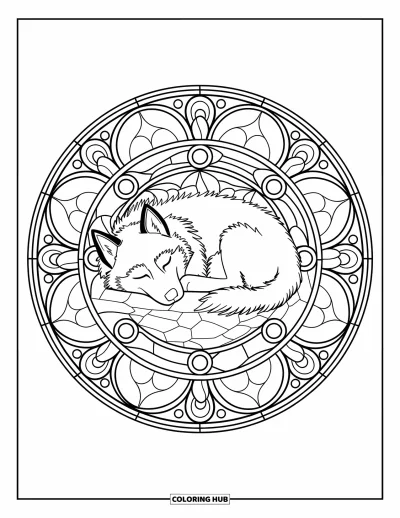 Coloriage de husky pour adultes : Un husky endormi se love au centre d'un vitrail en forme de rosace