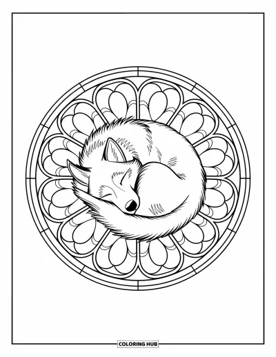 Coloriage de husky pour adultes : Un husky endormi repose au cœur d'un délicat vitrail en rosace