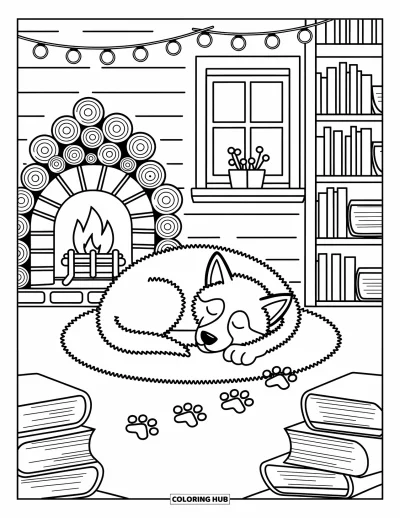 Coloriage de husky pour adultes : Un husky endormi se love sur un tapis dans un chalet avec des guirlandes lumineuses et des livres près de la cheminée