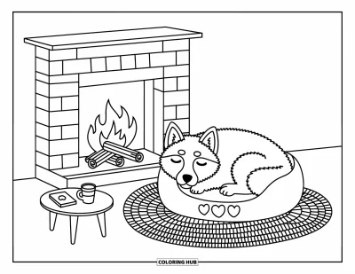 Coloriage de husky pour adultes : Dans une scène en noir et blanc douillette, un husky somnolent se love dans un lit kawaii pour chien près d'une cheminée