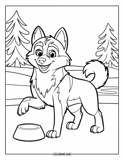 Coloriage de husky pour enfants : Un husky joyeux lève une patte près d'un bol vide dans un bois enneigé