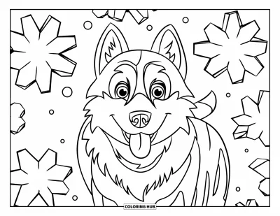 Coloriage de husky pour enfants : Un husky joyeux avec la langue pendante se dresse parmi des flocons de neige en étoile