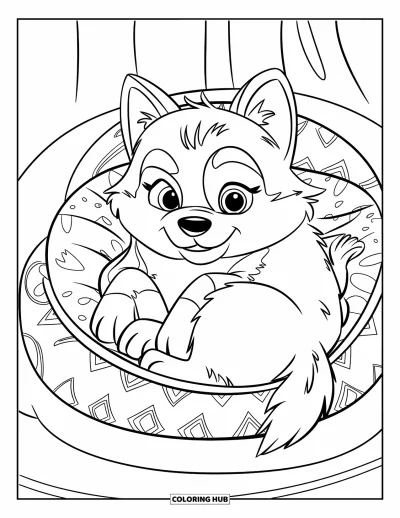 Coloriage de husky pour enfants : Un husky grassouillet dans un lit à motifs se repose sur un fond simple