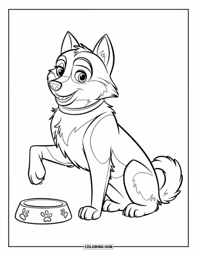Coloriage de husky pour enfants : Un husky avec un collier et une laisse lève la patte près d'un bol dans un décor enneigé