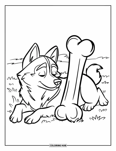 Coloriage de husky pour enfants : Un husky serein les yeux fermés est allongé près d'un grand os dans un champ herbeux