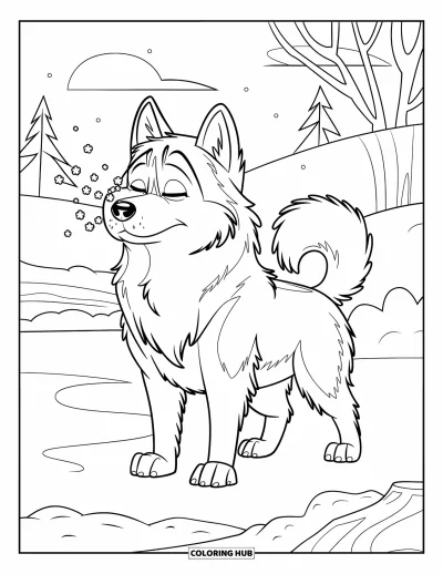 Coloriage de husky pour enfants : Un husky duveteux attrape des flocons de neige dans un paysage hivernal vallonné