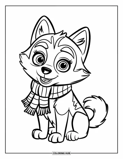Coloriage de husky pour enfants : Un husky duveteux avec une écharpe reste immobile sur un chemin enneigé