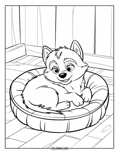 Coloriage de husky pour enfants : Un chiot husky duveteux se blottit dans un lit douillet avec des traits épais pour les enfants