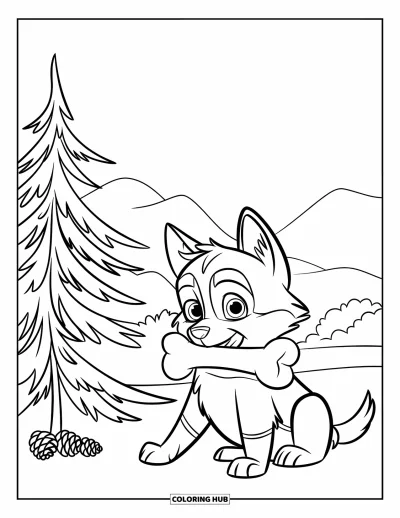 Coloriage de husky pour enfants : Un chiot husky duveteux aux yeux bleus mâche un os près d'un sapin