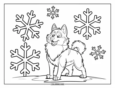 Coloriage de husky pour enfants : Un husky duveteux se tient dans la neige sous des flocons à six branches