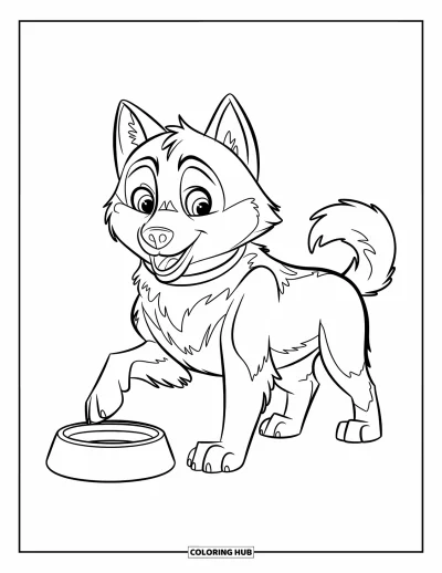 Coloriage de husky pour enfants : Un husky duveteux avec un collier lève la patte près d'un bol sur un fond uni