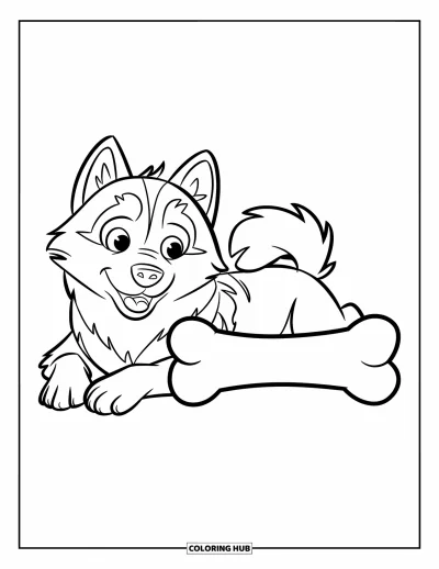 Coloriage de husky pour enfants : Un husky duveteux à l'air sympathique est allongé près d'un grand os sur un fond blanc