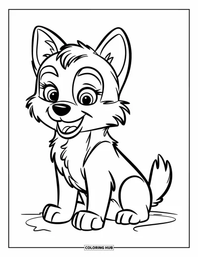 Coloriage de husky pour enfants : Un chiot husky souriant avec la queue frétillante est assis dans la neige