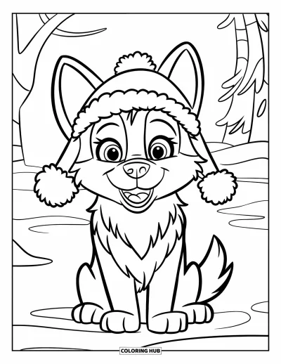 Coloriage de husky pour enfants : Un husky heureux avec un bonnet d'hiver à pompon est assis dans la neige avec des arbres tout autour