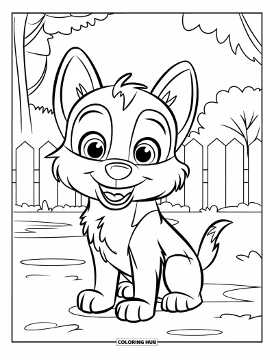 Coloriage de husky pour enfants : Un chiot husky joyeux avec la queue frétillante est assis près d'une clôture et de quelques arbres