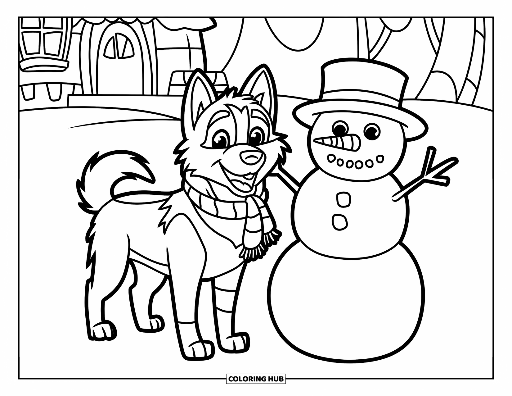 Husky Coloring Page for Kids: A husky and snowman pose near a fairy tale cottage in winter