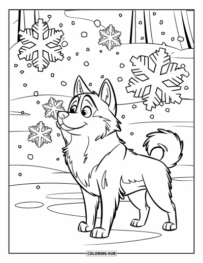 Coloriage de husky pour enfants : Un husky attrape des flocons sur le museau sous des arbres enneigés