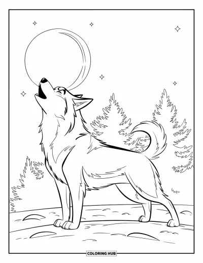 Coloriage de husky pour enfants : Un husky hurle à la lune avec des pins en arrière-plan