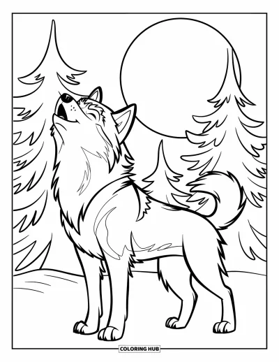 Coloriage de husky pour enfants : Un husky hurle sous des pins et une lune hivernale brillante