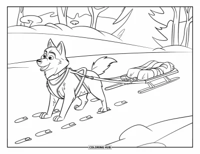 Coloriage de husky pour enfants : Un husky en harnais de traîneau se tient près d'empreintes et de sacs de provisions