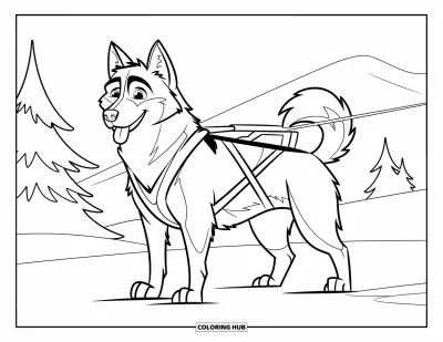 Coloriage de husky pour enfants : Un husky en harnais attend près de pins enneigés et de sommets montagneux