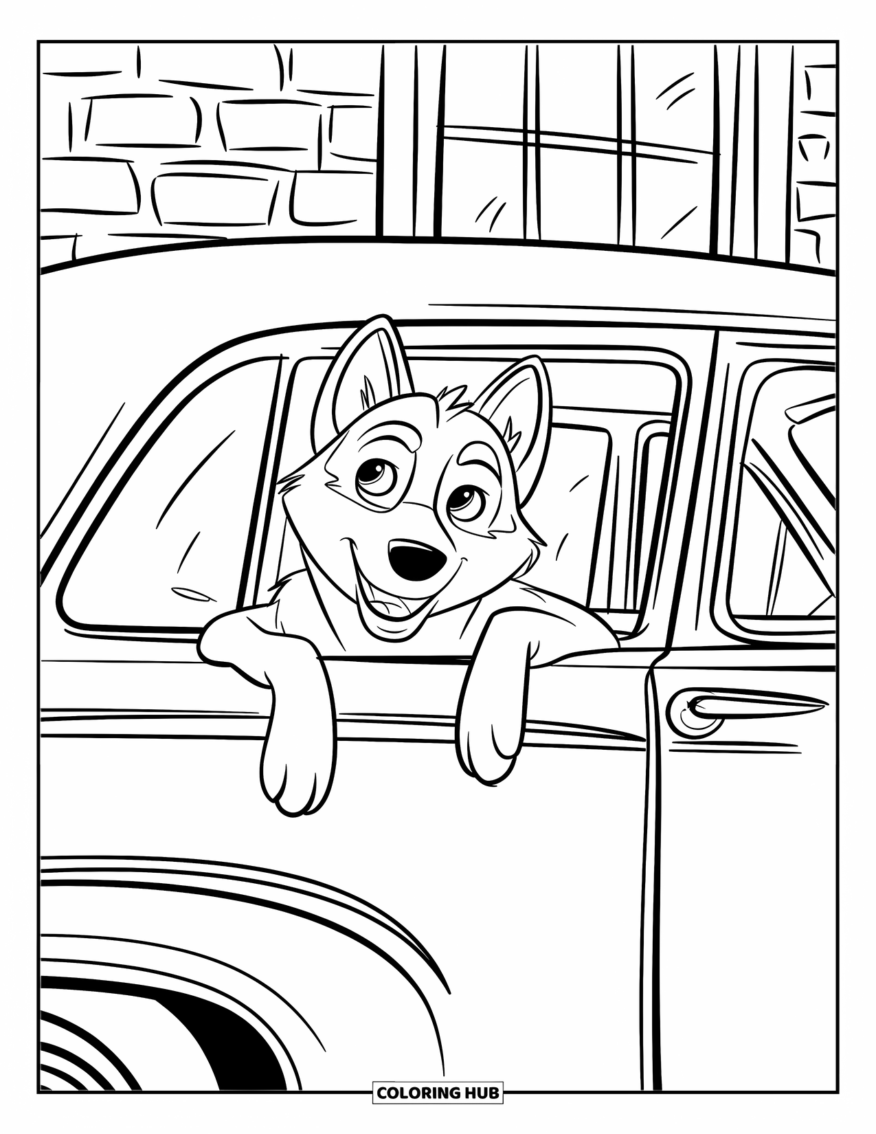 Husky Coloring Page for Kids: A husky looks out from a vintage car parked on a cobblestone street