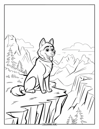 Coloriage de husky pour enfants : Un husky au sommet d'une falaise observe le paysage, la langue sortie et les oreilles dressées
