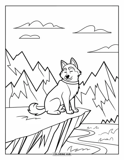 Coloriage de husky pour enfants : Un husky perché sur une falaise avec des nuages et des sommets montagneux derrière lui