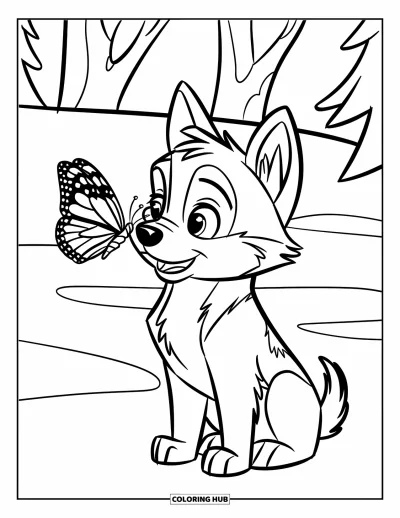 Coloriage de husky pour enfants : Un chiot husky assis avec un papillon sur le museau dans un champ enneigé