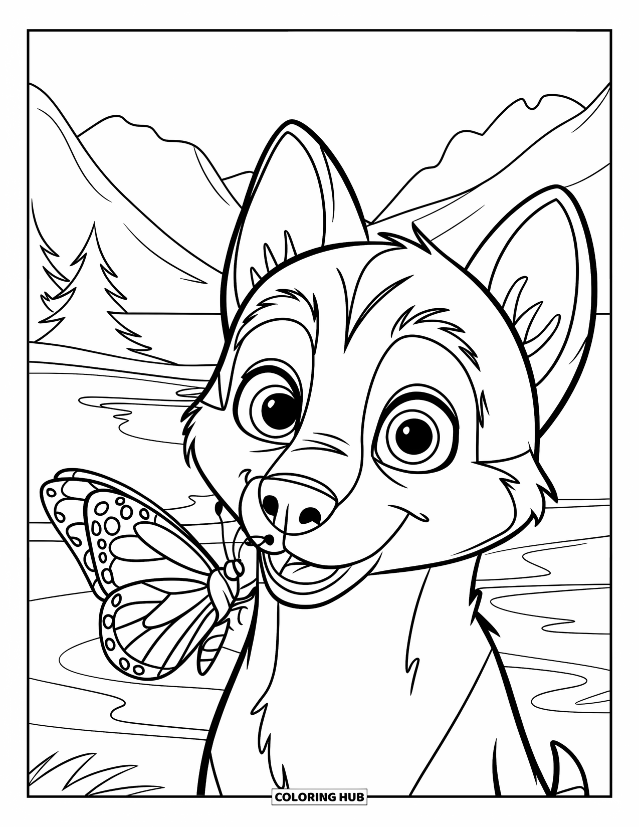 Husky Coloring Page for Kids: A husky puppy watches a butterfly land on its nose near a lake
