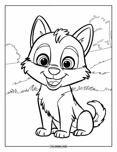 Coloriage de husky pour enfants : Un chiot husky avec un grand sourire et la queue frétillante est assis dans l'herbe près de quelques arbres