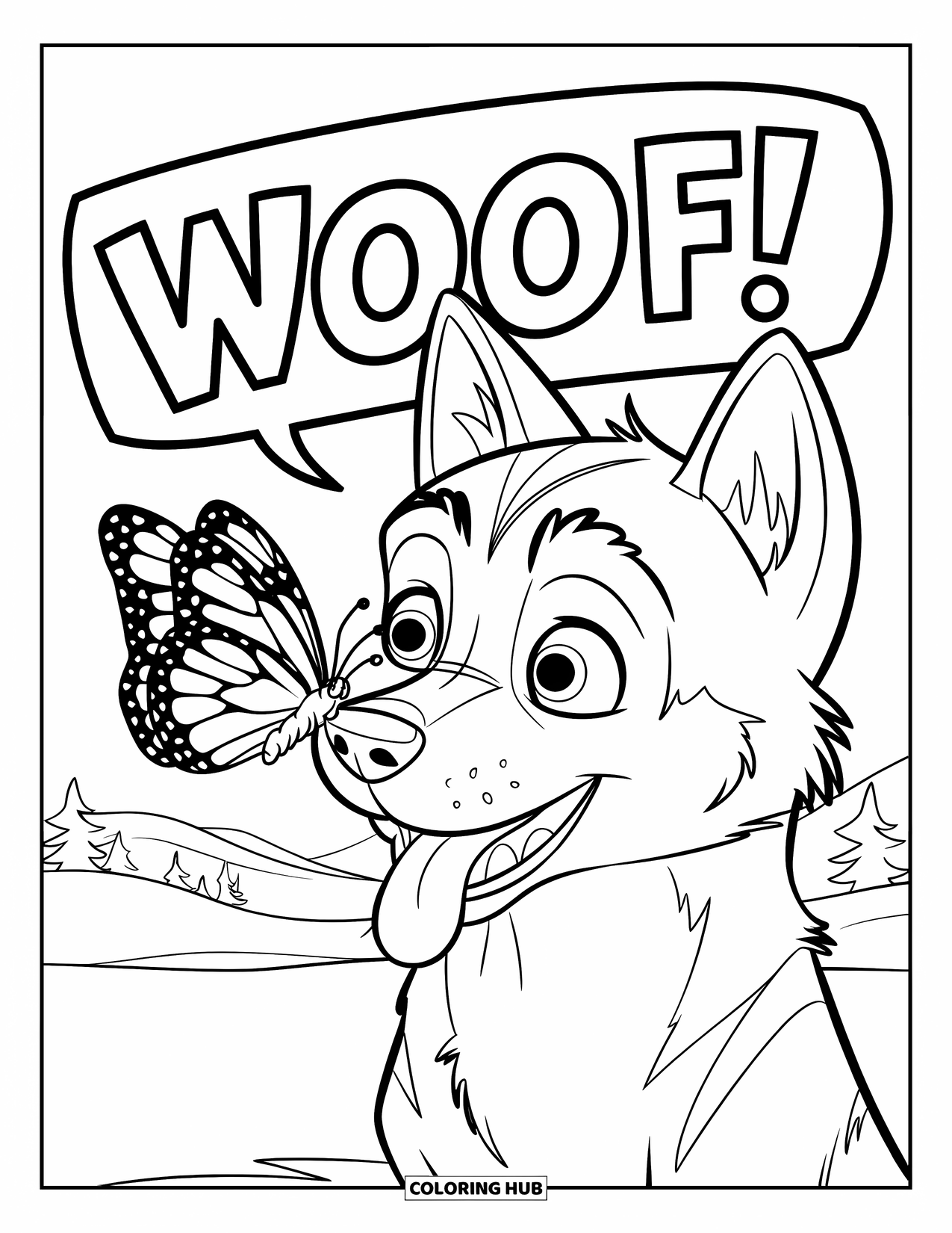 Husky Coloring Page for Kids: A husky puppy with a butterfly on its nose says “Woof!” in a mountain scene