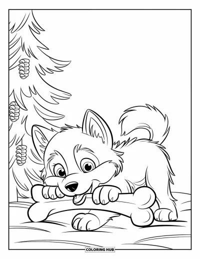 Coloriage de husky pour enfants : Un chiot husky au poil duveteux mâche un grand os près de pommes de pin