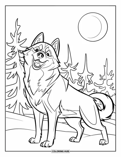 Coloriage de husky pour enfants : Un husky lève la tête vers la lune sous un ciel enneigé