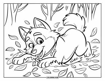 Coloriage de husky pour enfants : Un husky se roule joyeusement dans un tourbillon de feuilles d'automne tombées