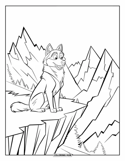 Coloriage de husky pour enfants : Un husky assis sur une falaise contemple de hauts sommets montagneux au loin