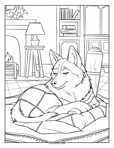 Coloriage de husky pour enfants : Un husky dort paisiblement enveloppé dans un plaid coloré près de la cheminée