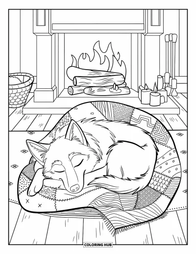 Coloriage de husky pour enfants : Un husky sommeille près d'un feu rougeoyant enveloppé dans une couverture à motifs