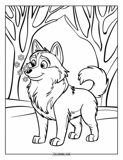 Coloriage de husky pour enfants : Un husky debout dans la neige attrape des flocons avec le museau et les yeux fermés