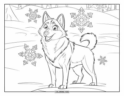 Coloriage de husky pour enfants : Un husky debout dans la neige entouré de grands flocons de toutes parts